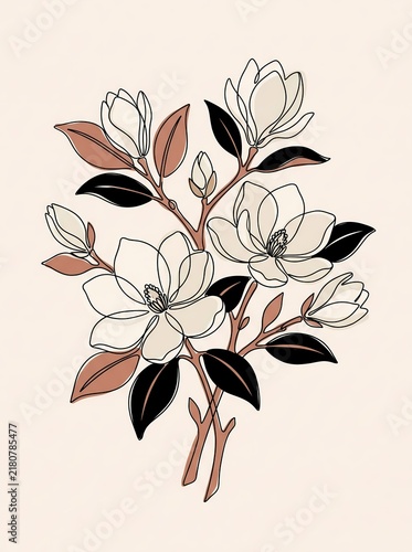 Magnolia Flowers Blooming with Minimalist Line Art Style on a Soft Cream Background