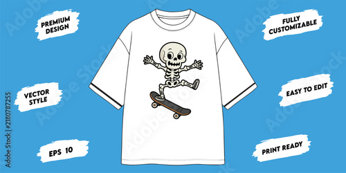Printable Vector T-Shirt Design Featuring a Stylized Skeleton Skateboarding, a Fun and Customizable Graphic for Apparel.