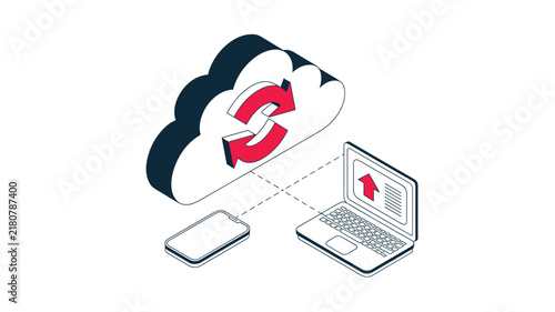 Fototapeta Isometric cloud computing concept with laptop and smartphone syncing data on white background
