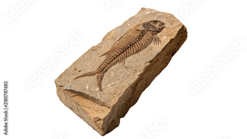 Photography Prehistoric fossil specimen showing a primitive fish skeletal imprint in rectang