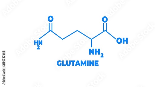 Glutamine chemical formula. Glutamine amino acid molecular bond structure. Medicine and biosynthesis study.