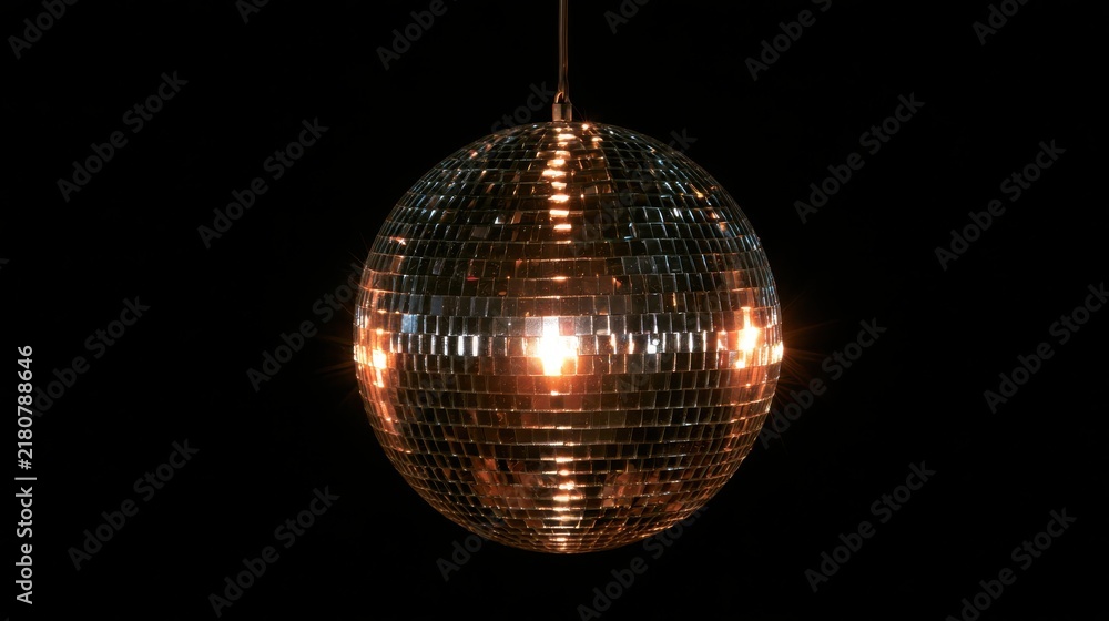 Obraz premium Sparkling Disco Ball Hanging Against Solid Black Background with Reflections and Illumination, Perfect for Party and Dance Themes