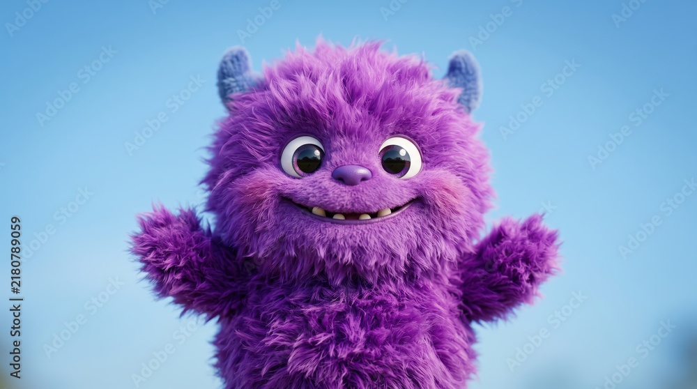 Fototapeta premium Cute Fluffy Purple Monster Isolated on Blue Background, Funny Yeti Halloween Character