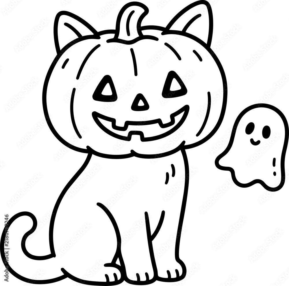 Obraz premium Pumpkin costume cat ghost Halloween hand drawn monoline icon illustration for spooky pets, seasonal celebrations, costumes, Halloween cards and festive designs.
