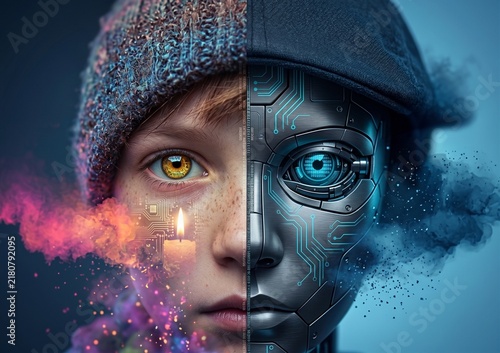 onceptual dual portrait of a child transitioning into an AI cyborg, depicting the intersection of human identity and artificial intelligence in modern youth.