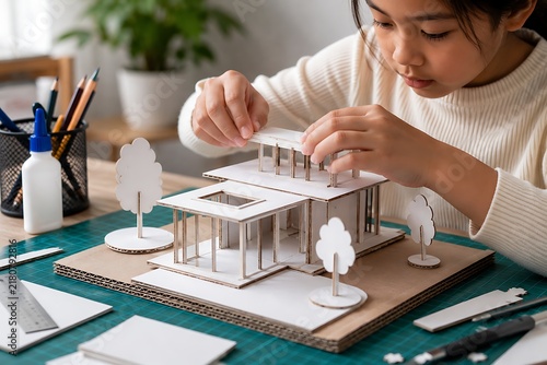 Young Asian girl intently building miniature house model using cardboard pieces and glue stick, surrounded by crafting tools and supplies on a cutting mat.