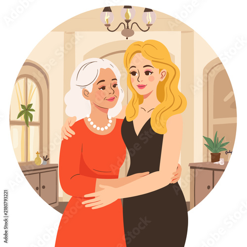 Older woman and young woman embracing in a cozy living room. Elderly set  