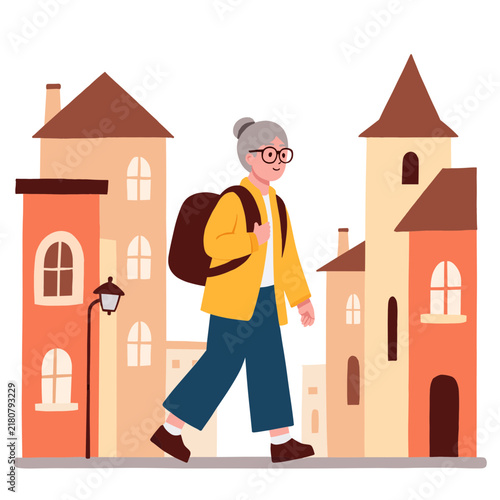 Older woman walking with a backpack in a colorful cityscape. Elderly set  