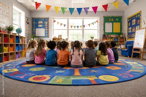 Diverse group of young children sitting on circular colorful alphabet rug in bright classroom setting for learning and education during preschool story time.