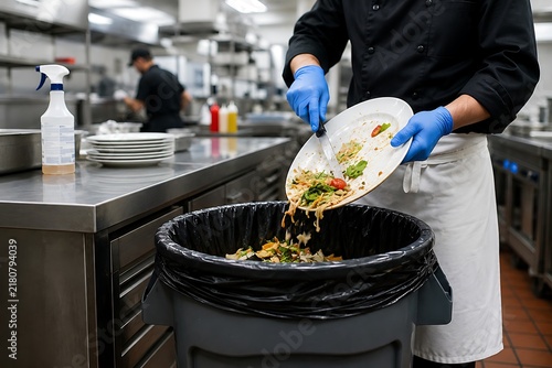 Restaurant worker in black uniform and blue gloves disposing of leftover food from white plate into large grey trash container within professional kitchen area.