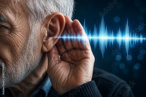 Elderly man with hearing loss cupping his hand to his ear while visualizing digital sound waves representing auditory challenges or modern hearing aid technology.