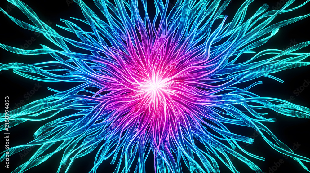 Fototapeta premium Abstract neon fiber optic explosion background | Bioluminescent neural network digital art | Cyberpunk glowing pink and blue energy blast | Futuristic technology data flow visualization