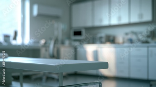 Clean and Modern Medical Examination Room with Bright Light Filtering Through Windows and Sleek Furniture for Healthcare Professionals and Patients