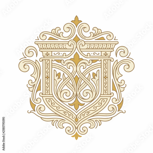 Ornate Gold Monogram Crest Design.