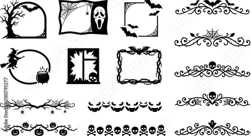 Macabre black scrollwork page separators and blank text boxes for Halloween crafts.