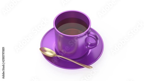 Purple porcelain teacup with saucer and golden spoon on white background