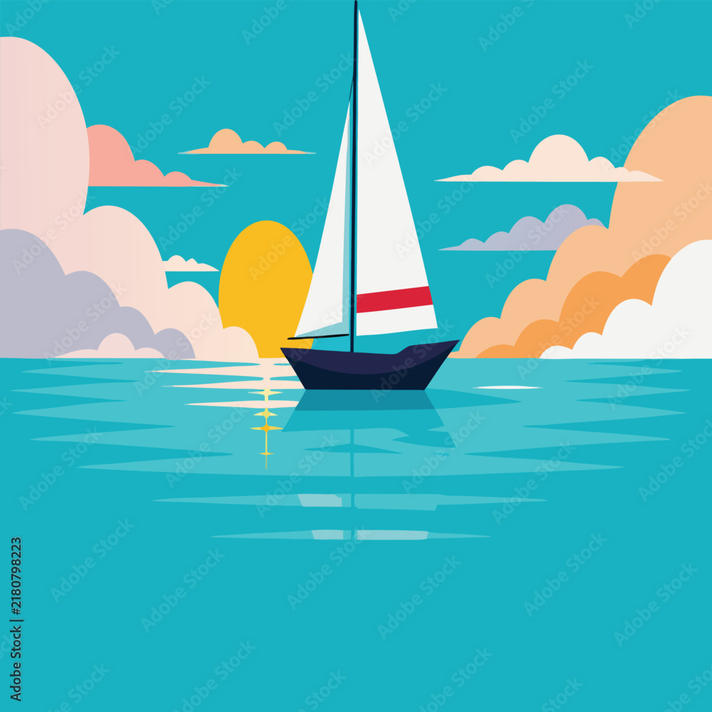 Naklejka premium Sailboat sailing on ocean at sunset vector illustration of a yacht at sea