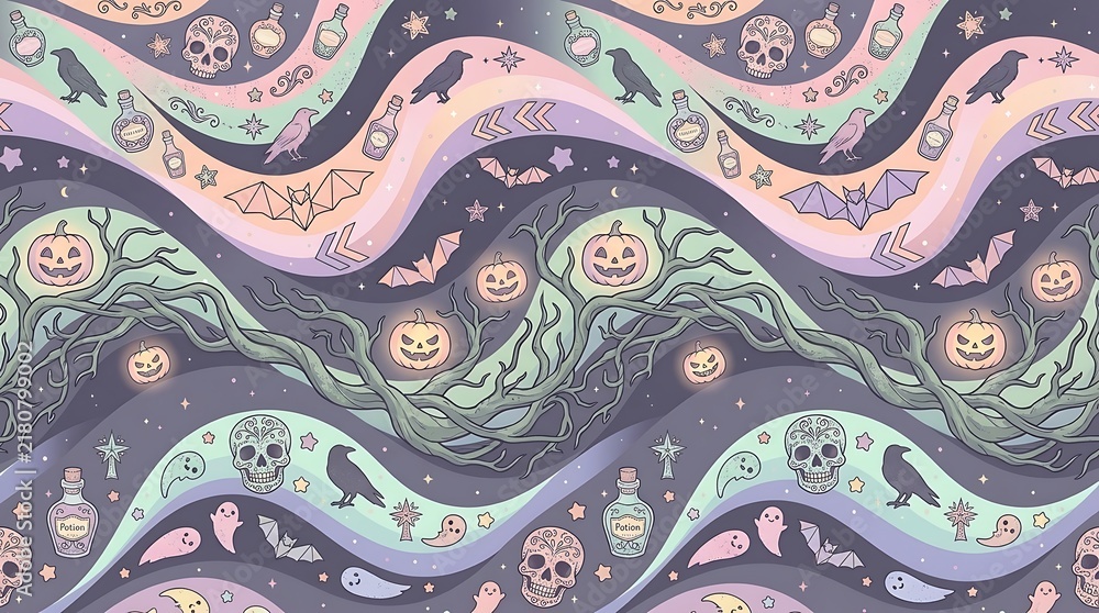 Halloween pattern with pumpkins ghosts and bats on a wavy background