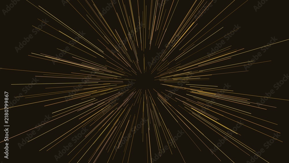 Obraz premium Golden light rays on black background, abstract starburst explosion, cinematic motion blur lines, elegant sunburst effect