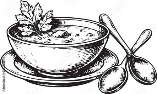 Hand drawn soup bowl with two spoons and fresh parsley garnish, a rustic sketch of a hearty meal, artistic depiction of comfort food.