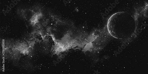 Milky way, galaxy, nebula, stars in pointillism style. Vintage stippled background of deep space. Vector illustration in retro grainy sandy grunge texture for music poster, concert banner, cd cover,