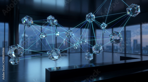 Abstract digital network structure with floating glowing nodes and interconnected data lines in a corporate office connection technology communication abstract structure internet business