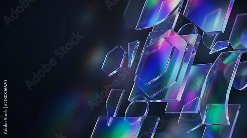 Abstract background with holographic glass shapes and glowing colorful light reflections on a dark backdrop
