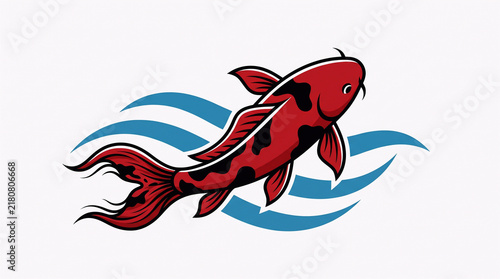 Red And Black Koi Fish With Blue Water Waves
