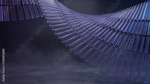 Abstract flowing wave structure composed of repeating dark metallic bars creating a rhythmic motion effect with structure metallic rhythmic abstract composition dimensional industrial sequence
