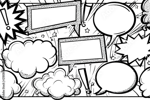 Black and white comic illustration featuring multiple empty speech bubbles, thought clouds, dialogue boxes, action bursts, exclamation marks, and decorative stars arranged in a dynamic layout