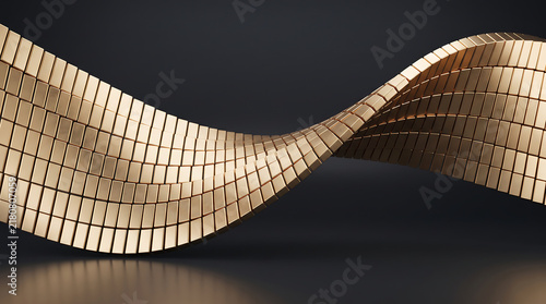 Abstract wave of metallic gold cubes forming a flowing geometric structure with gold colored metallic abstract geometric structure background luxurious gradient composition reflective
