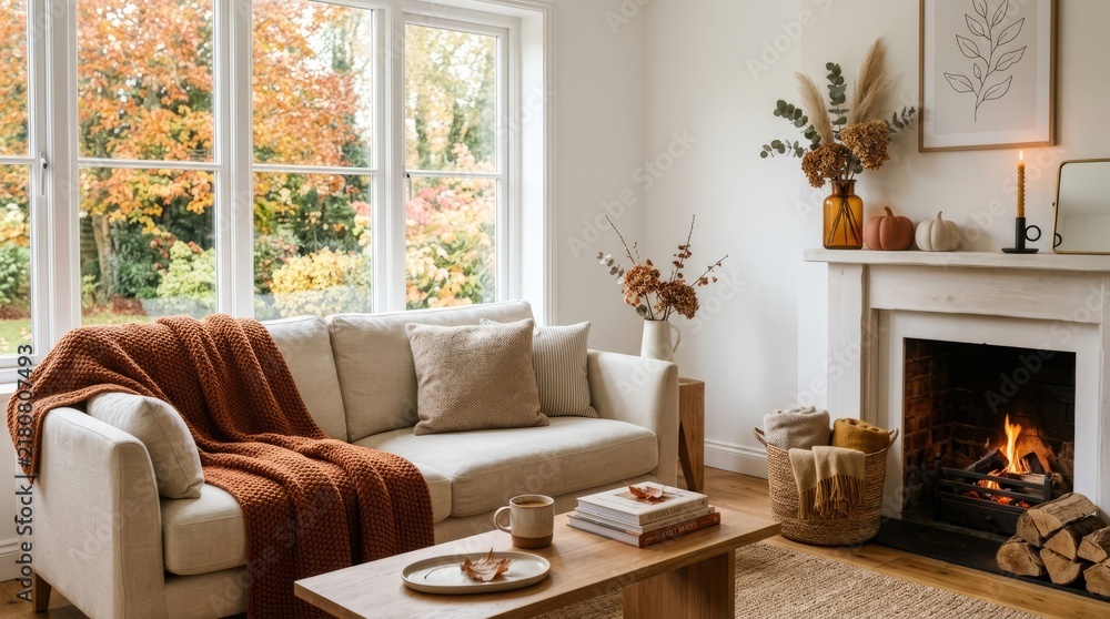 Fototapeta premium Cozy Living Room with Warm Autumn Light and Fireplace.