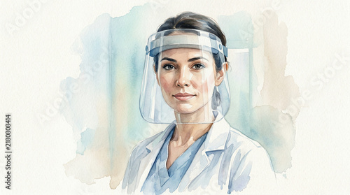 Female healthcare worker wearing a face shield and lab coat  