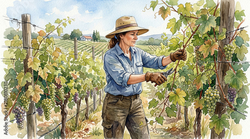 Woman tending grapevines in a vineyard during harvest season  