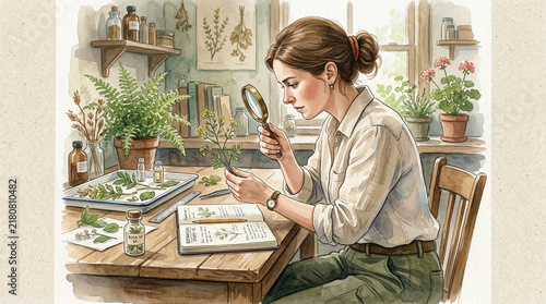 Young woman studying plants with a magnifying glass in an indoor garden  