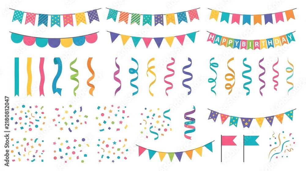 Fototapeta premium Colorful hand drawn birthday party decoration set with balloons, cake, banners and gifts for celebration event design