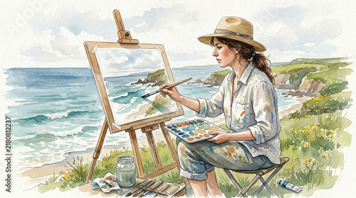 Young woman painting a seaside landscape on an easel with watercolors  