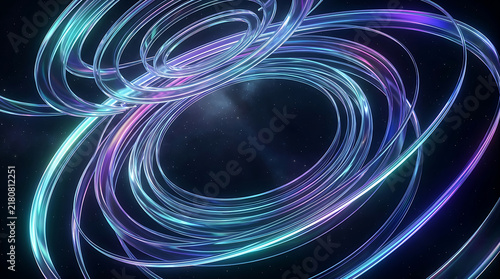 Abstract background with glowing blue and purple light circles and dynamic energy particles in a dark space
