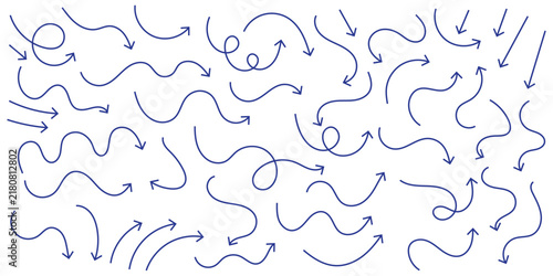 Squiggly arrows doodle set. Curve and Spiral comic symbols in sketch style. Hand drawn vector illustration isolated on white background