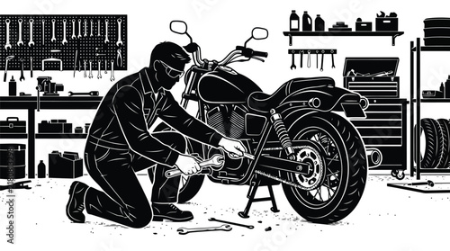 Black and white motorcycle mechanic repairing bike in repair shop isolated on white background