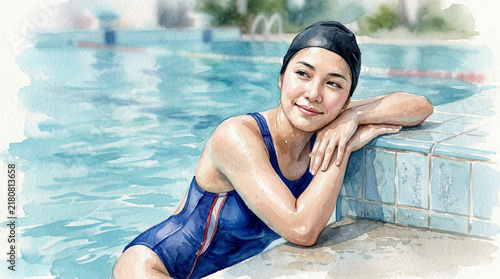 Smiling young woman in a swimsuit relaxing by the swimming pool  