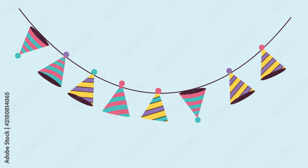 Fototapeta premium Festive colorful birthday party garland hanging with striped cone hats, perfect for happy event invitation cards.