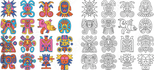 Ancient Aztec and Mayan tribal masks collection with colorful vector designs and black and white line art outlines setAncient 