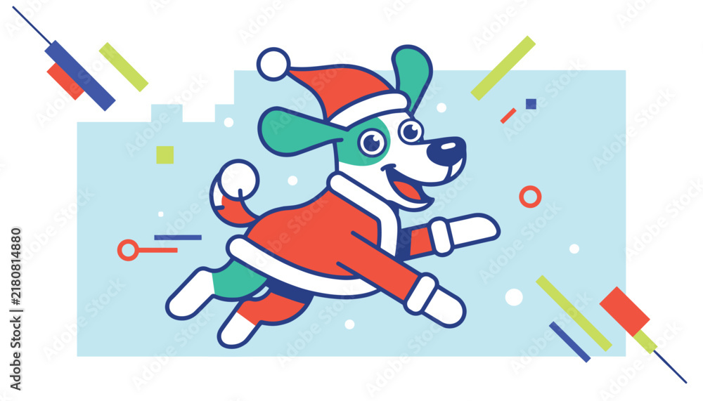 Fototapeta premium Running cartoon dog dressed in a festive Santa Claus outfit with a hat over a blue background with colorful shapes.