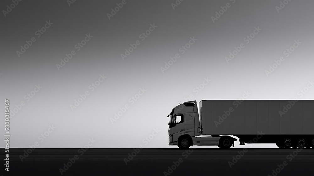 Obraz premium A large commercial cargo truck drives across a modern highway in a striking black and white composition with minimalist artistic style tone
