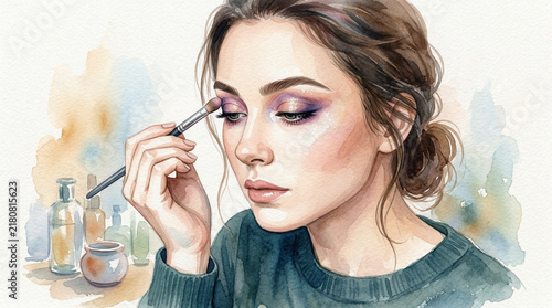 Woman applying makeup with cosmetics in a beauty studio  
