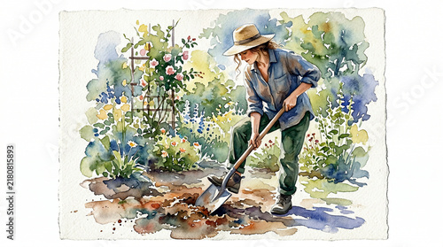 Man gardening with a shovel in a lush flower-filled garden  