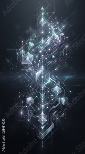 Abstract digital background featuring glowing geometric shapes and intricate circuit board patterns in a dark futuristic technological style