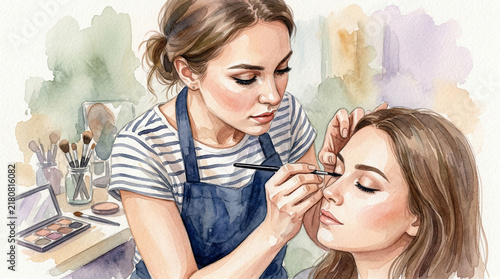 Makeup artist applying eyeliner to a woman's eye in a beauty studio  
