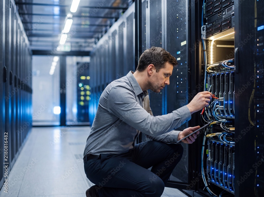 Fototapeta premium Technician in gray shirt crouches in data center aisle holding tablet while performing hardware maintenance on server rack system with blue lights.